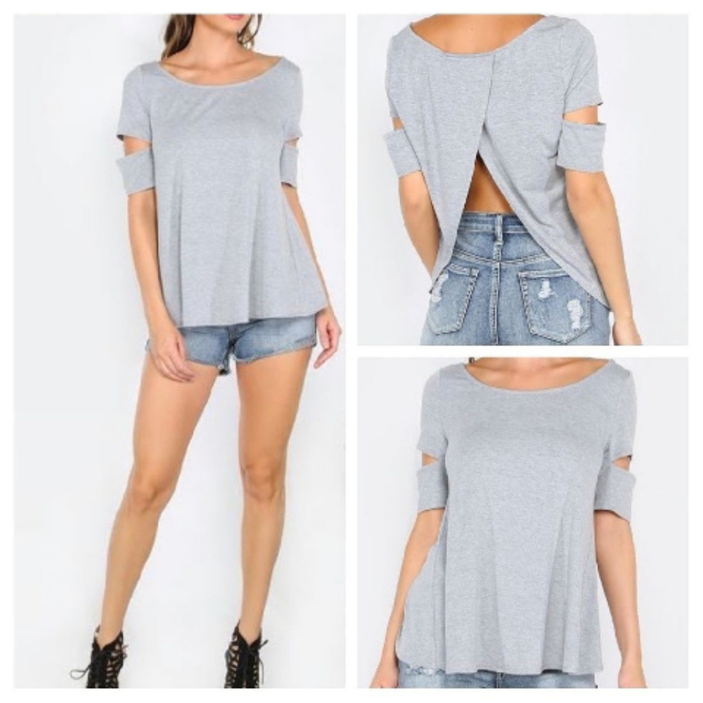 GRAY OPEN BACK CUT OUT SLEEVES T